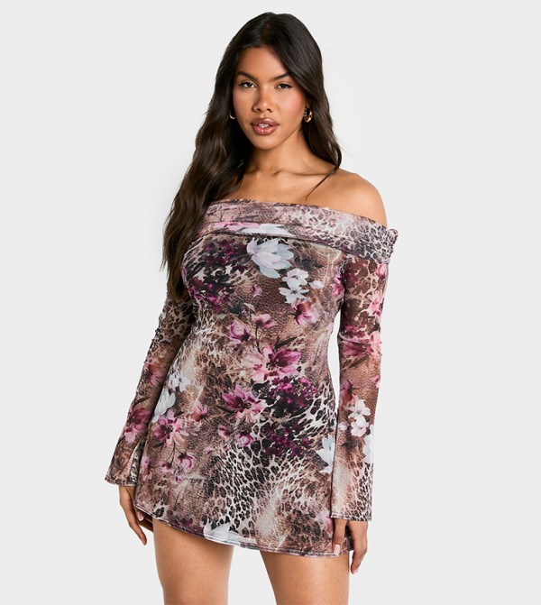 Printed Mesh Deep Bardot Mini Dress