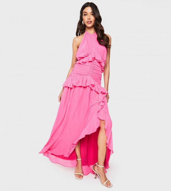 Chiffon Ruffle Detail Halterneck Maxi Dress