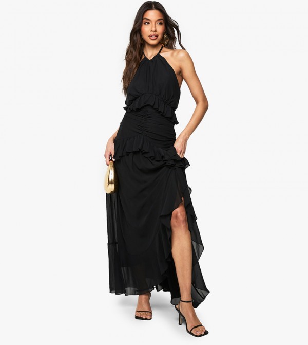 Halterneck Chiffon Ruffle Detail Maxi Dress