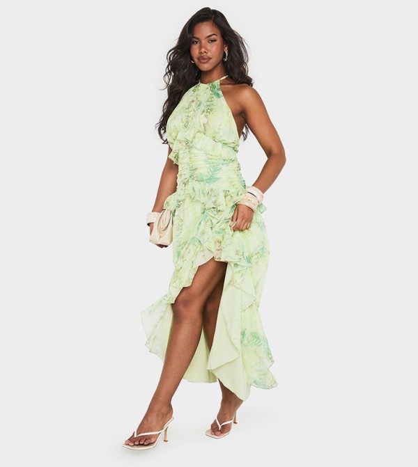 Floral Printed Halterneck Ruffled Maxi Dress