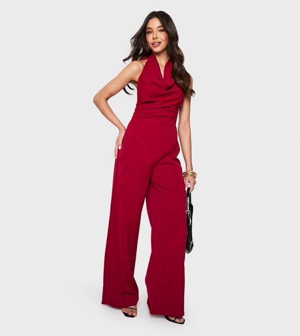 Solid Satin Cowl Neck Jumpsuit