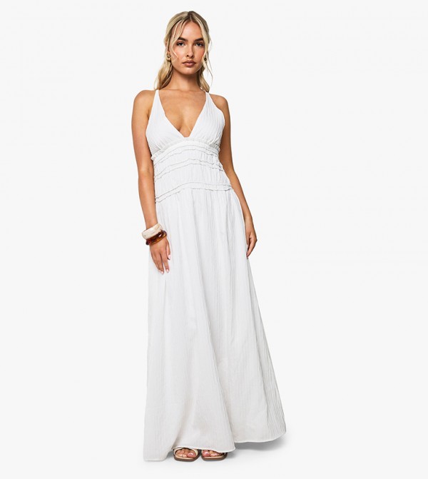 Plunge Strappy Shirred Waist Maxi Dress