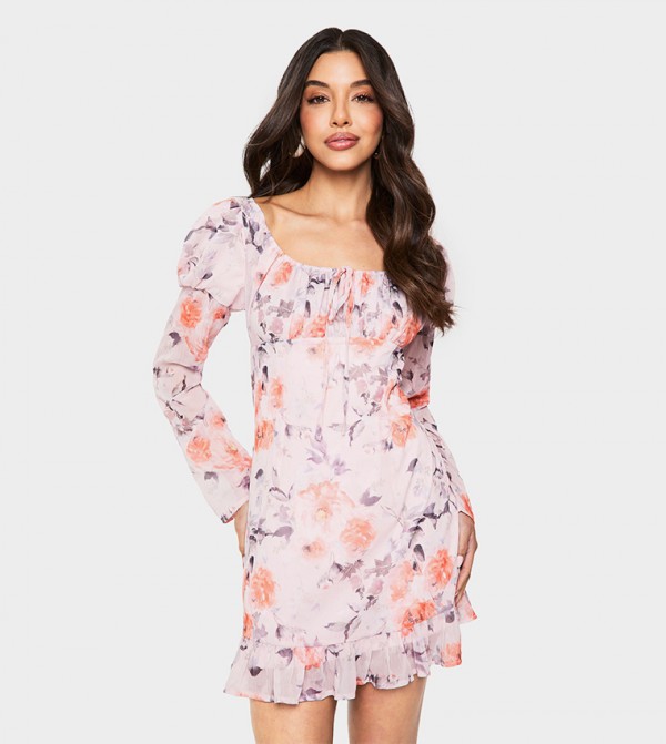 Floral Crinkle Chiffon Long Sleeves Mini Dress