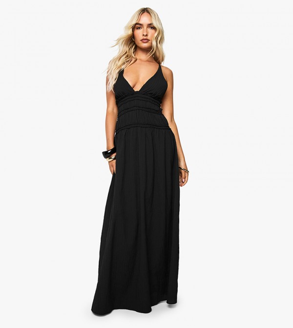 Plunge Strappy Shirred Waist Maxi Dress