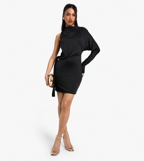 Slinky One Shoulder Knot Detail Mini Dress