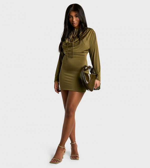 Cowl Strap Detail Long Sleeves Mini Dress