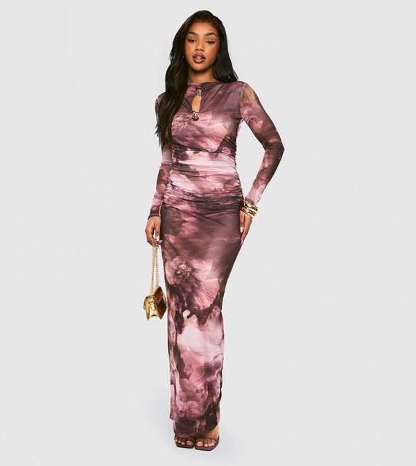 Floral Printed Mesh Keyhole Long Sleeves Maxi Dress