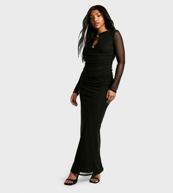 Mesh Keyhole Long Sleeves Maxi Dress