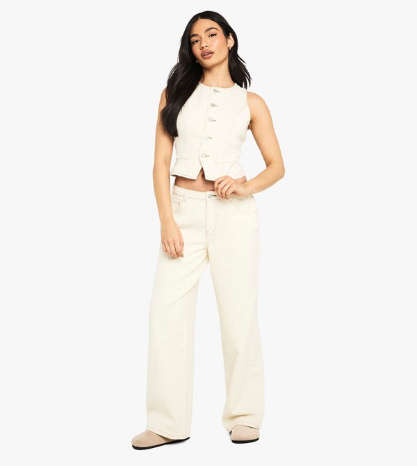 Solid Button Closure Wide Leg Jeans