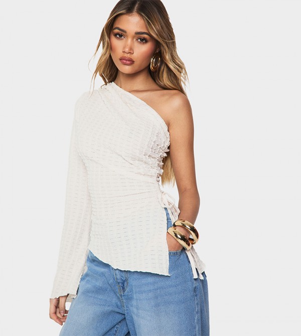 Textured One Shoulder Ruched Top