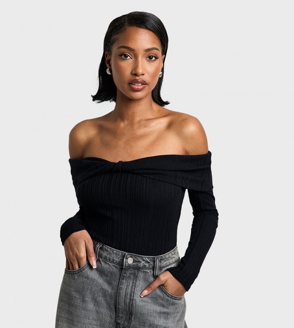 Ribbed Bardot Twist Bodysuit Top