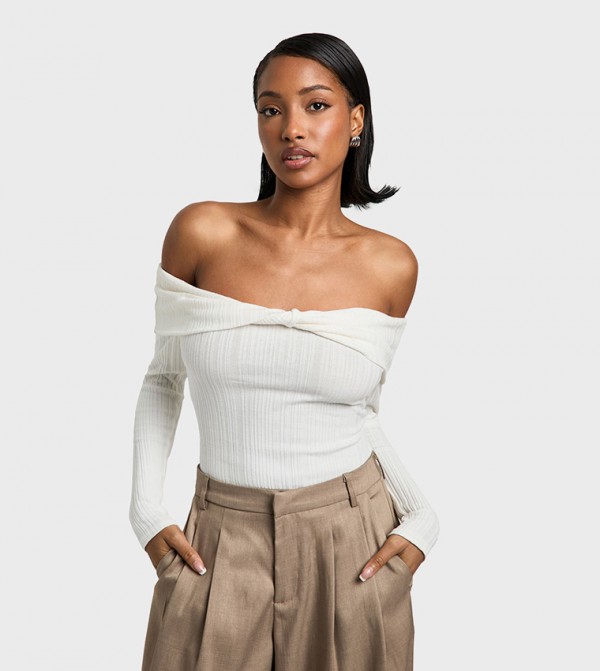 Rib Bardot Twist Bodysuit Top