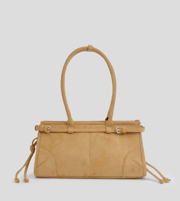 Faux Suede Buckle Trim Baguette Shoulder Bag
