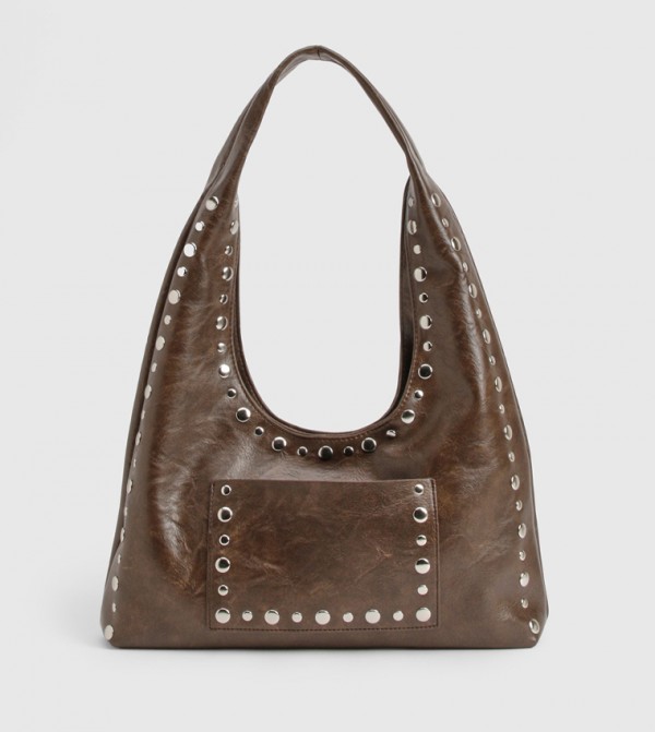 Stud Trim Distressed Slouchy Shoulder Bag