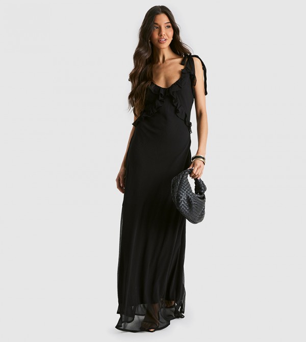 Scoop Neck Chiffon Ruffle Maxi Dress