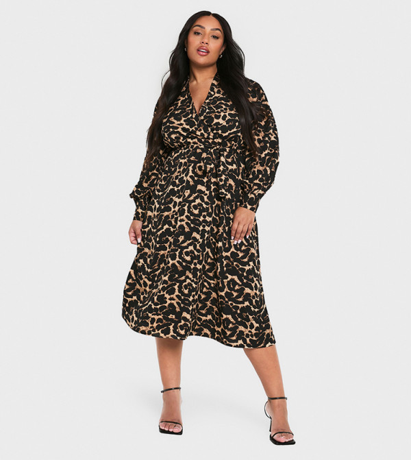Curve Leopard Print Belted Skater Mini Dress