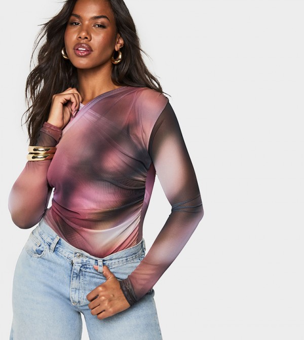 Printed Mesh Cross Over Bodysuit Top