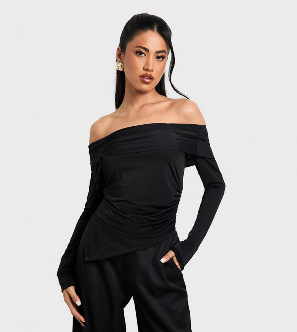 Slinky Bardot Ruched Front Long Sleeves Top