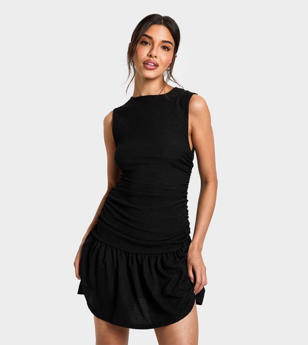 Textured Slash Neck Drop Waist Mini Dress