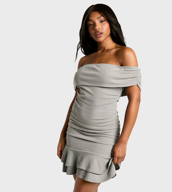 Solid Bardot Ruched Mini Dress