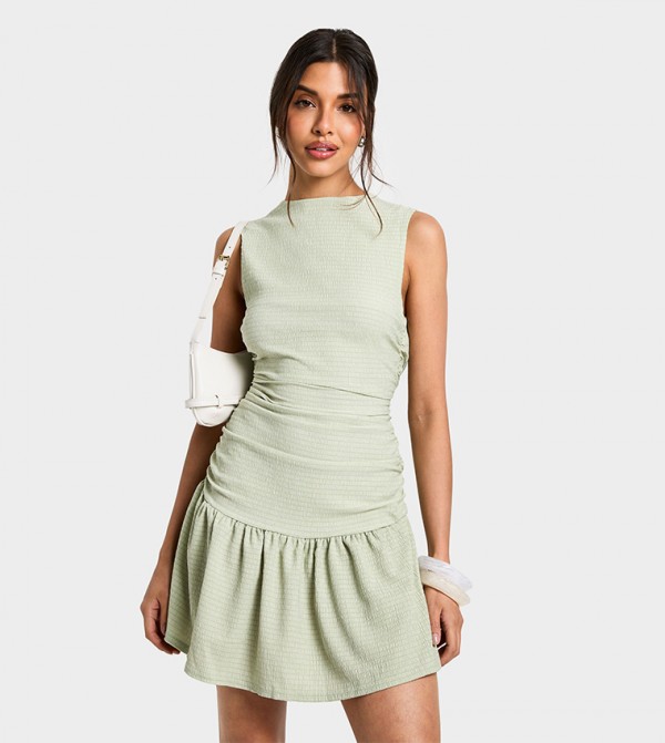 Textured Slash Neck Drop Waist Mini Dress