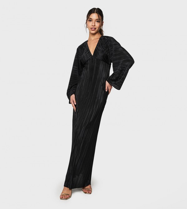 Plisse Batwing Sleeves Maxi Dress