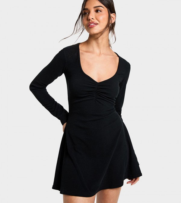 Ribbed Ruched Detail V-Neck Mini Dress