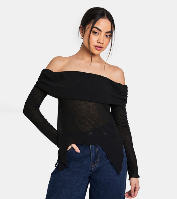 Sheer Mesh Bardot Top with Drape Detail