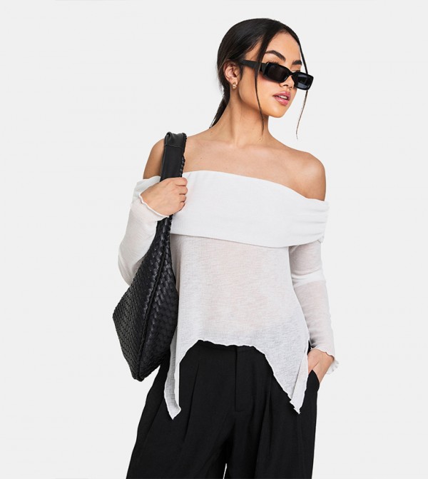 Sheer Mesh Bardot Top with Drape Detail