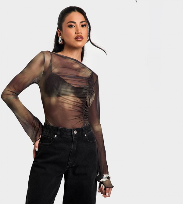 Mesh Ruched Print Top