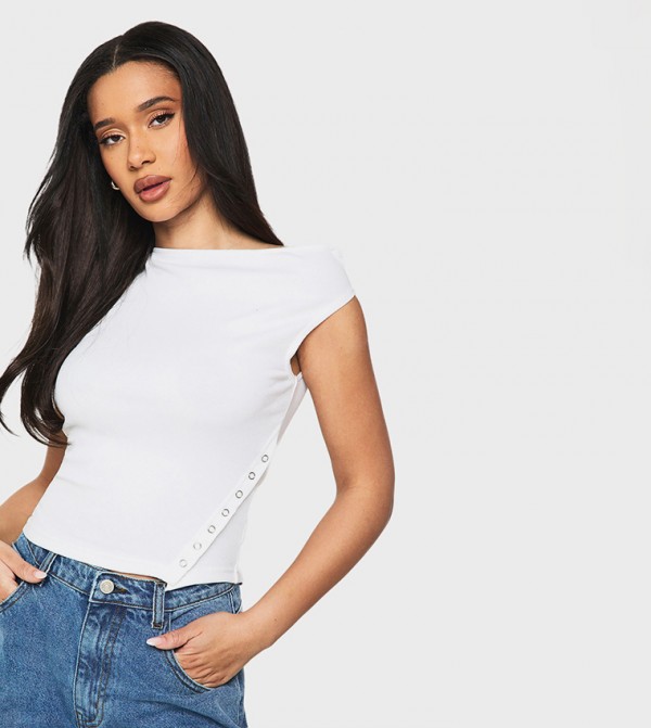 Ribbed Asym Popper One Shoulder Top
