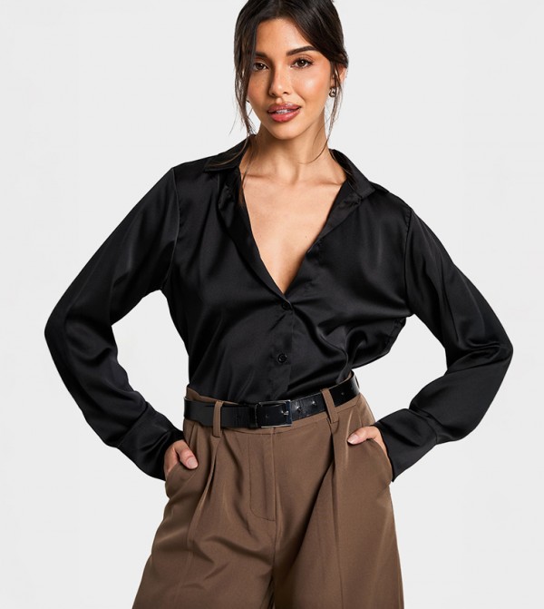 Satin V-Neck Button Up Shirt