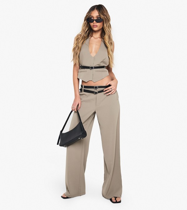 Woven Tailored Double Belted Straight Leg Trousers