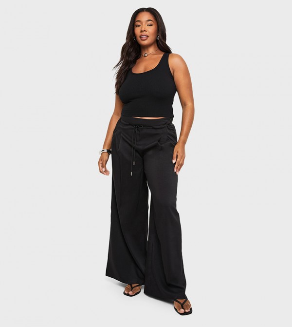 Curve Drawstring Pleated Wide Leg Trousers