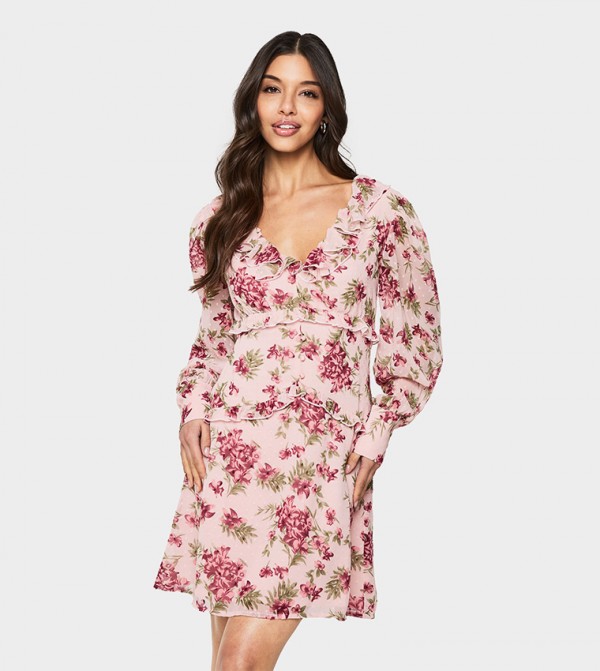 Floral Print Chiffon Ruffle Mini Dress