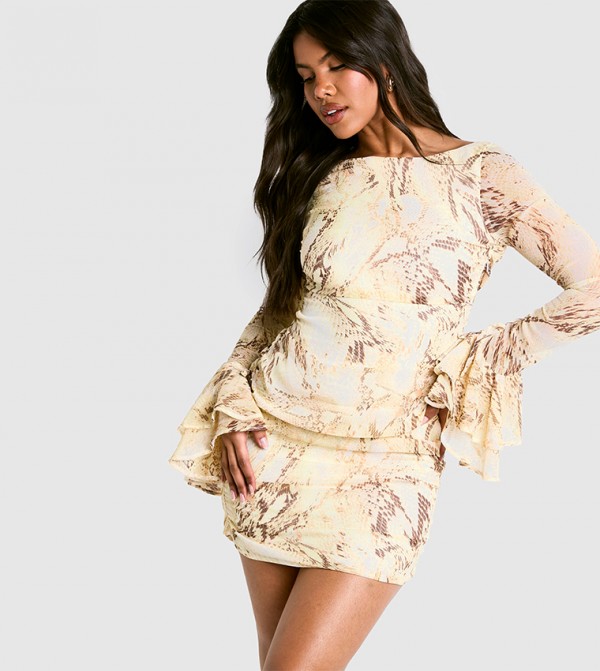 Snake Chiffon Ruffle Long Sleeves Mini Dress