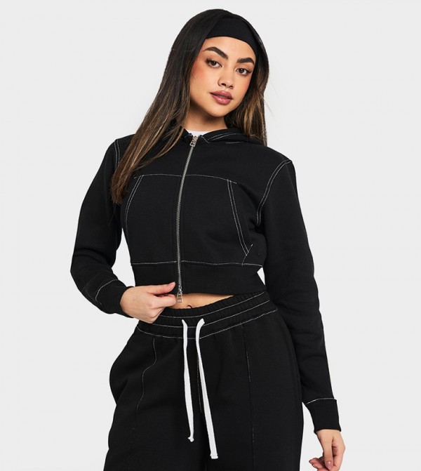 Contrast Stitch Shrunken Zip Through Hooded Jacket