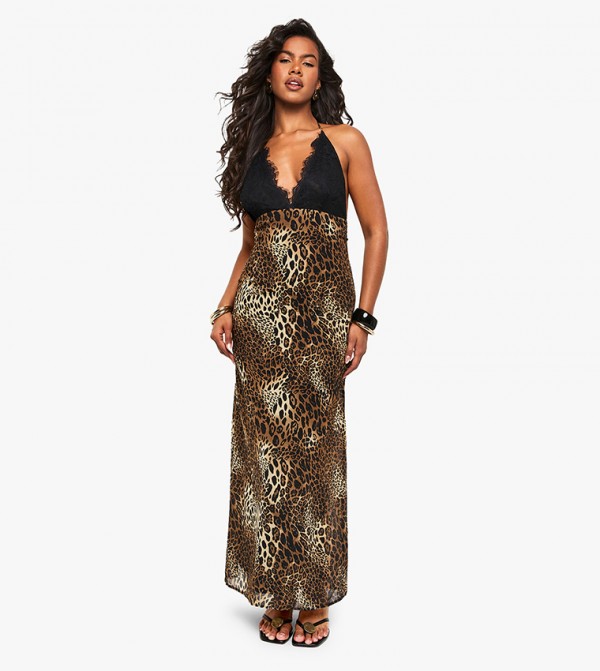 Leopard Printed Lace Strappy Maxi Dress