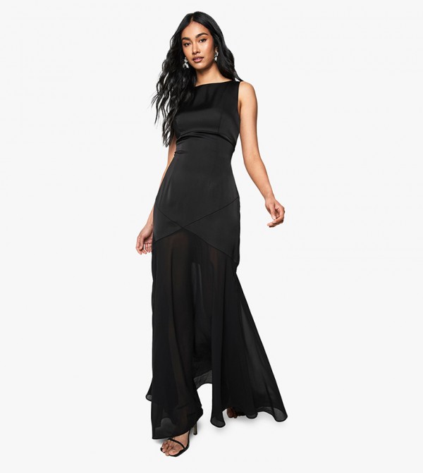 Satin And Chiffon Mix Pleated Maxi Dress