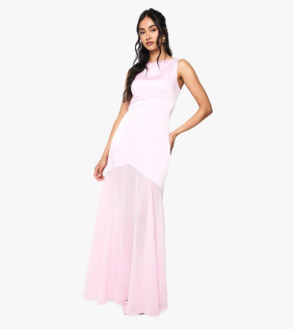 Satin And Chiffon Mix Pleated Maxi Dress