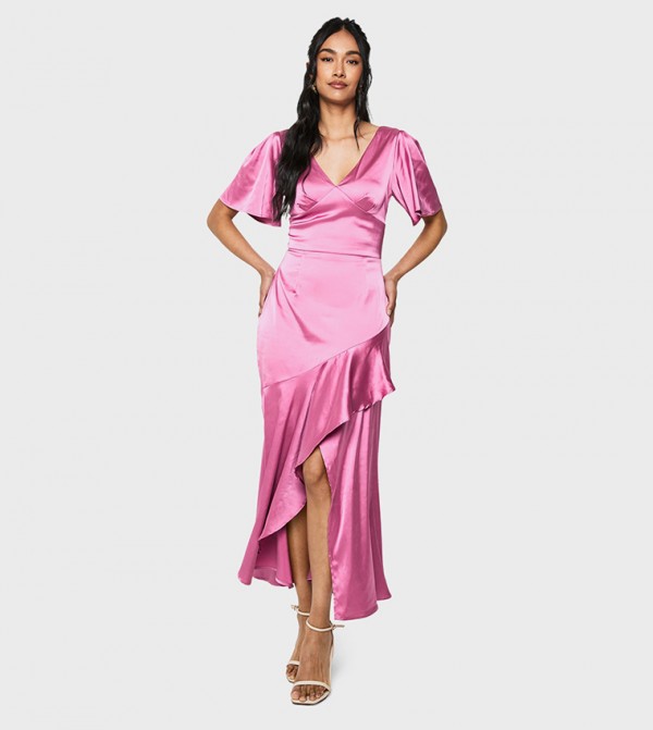 فستان ميداكسي ساتان سادة كم واسع 