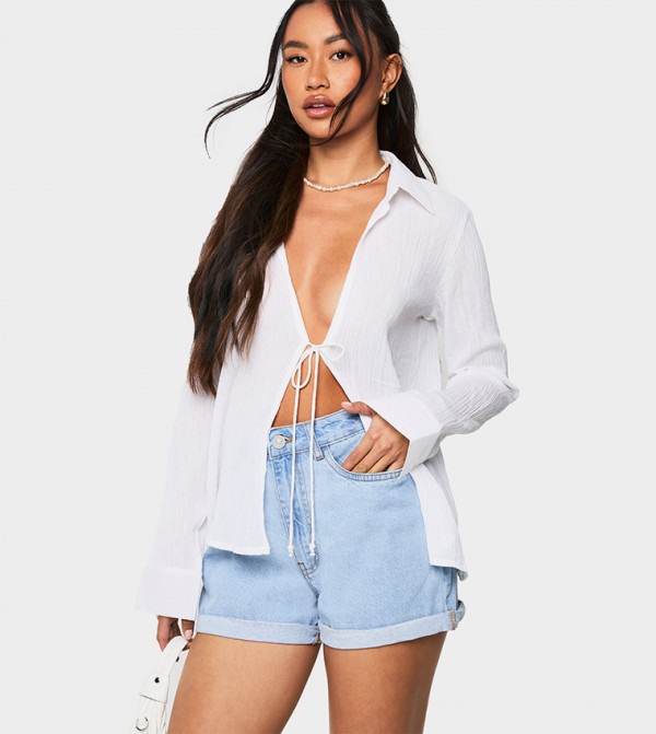 High Waist Roll Hem Denim Shorts
