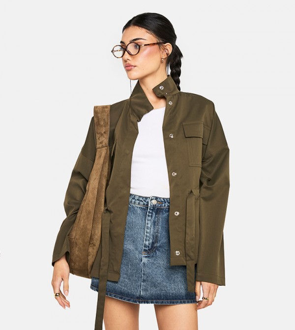 Cinched Waist Utility Pocket Detail Jacket