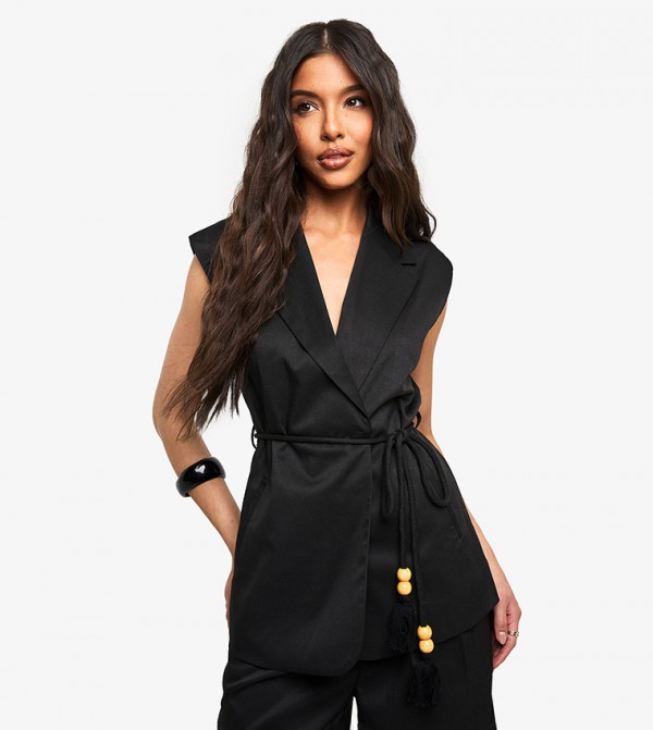 Tailored Linen Look Longline Belted Waistcoat
