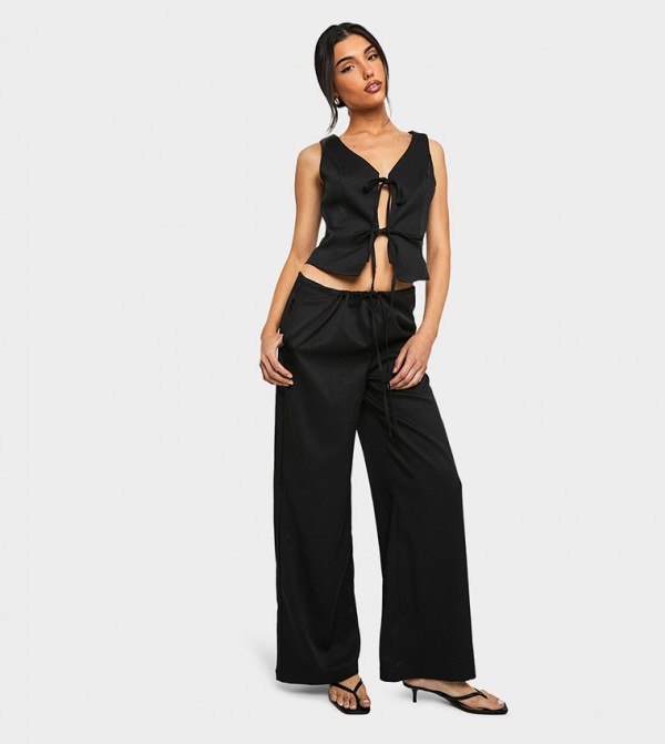 Linen Look Tie Waist Wide Leg Trousers