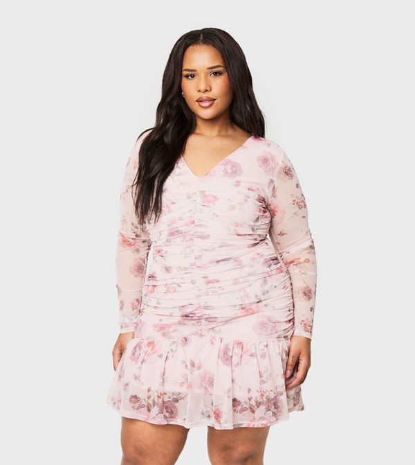 Curve Floral Print Mesh Ruched Frill Hem Mini Dress