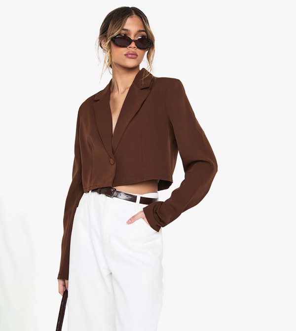 Solid Woven Relaxed Fit Crop Blazer