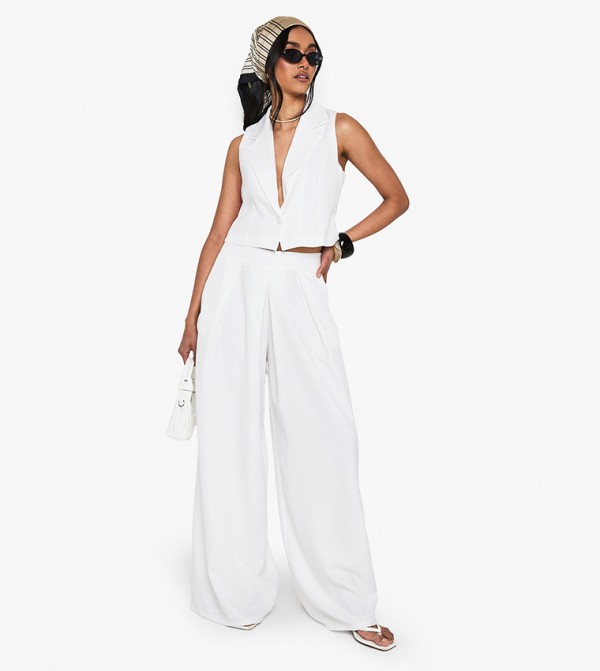 Linen Look Pleat Front Wide Leg Tailored Trousers