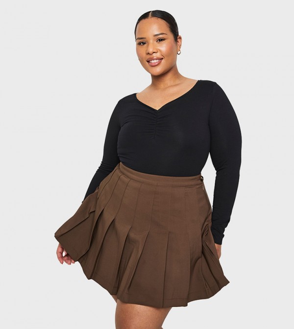 Curve Lace Trim Ruched Long Sleeves Top