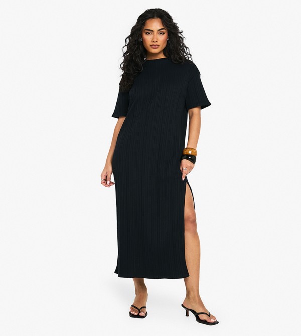 Textured Ribbed Drop Shoulder Midaxi T-Shirt Dress